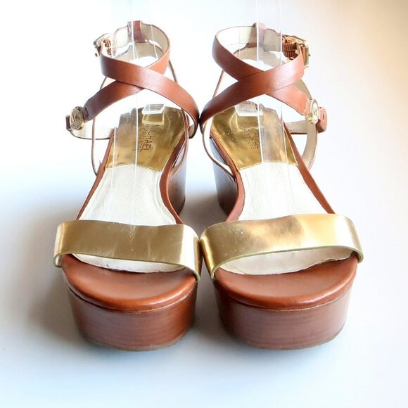 Michael Kors Brown & Gold Platform Wedge Strappy Open Toe Sandals / Summer Shoes - Picture 4 of 16